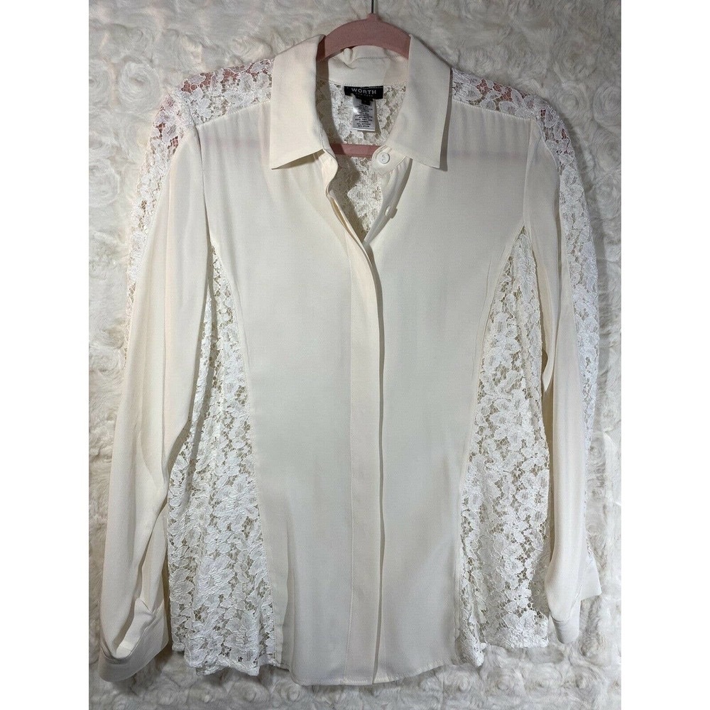 Worth N Y Women’s 100% Silk Lace Long Sleeve Blouse Shirt Small Cream - Picture 2 of 9